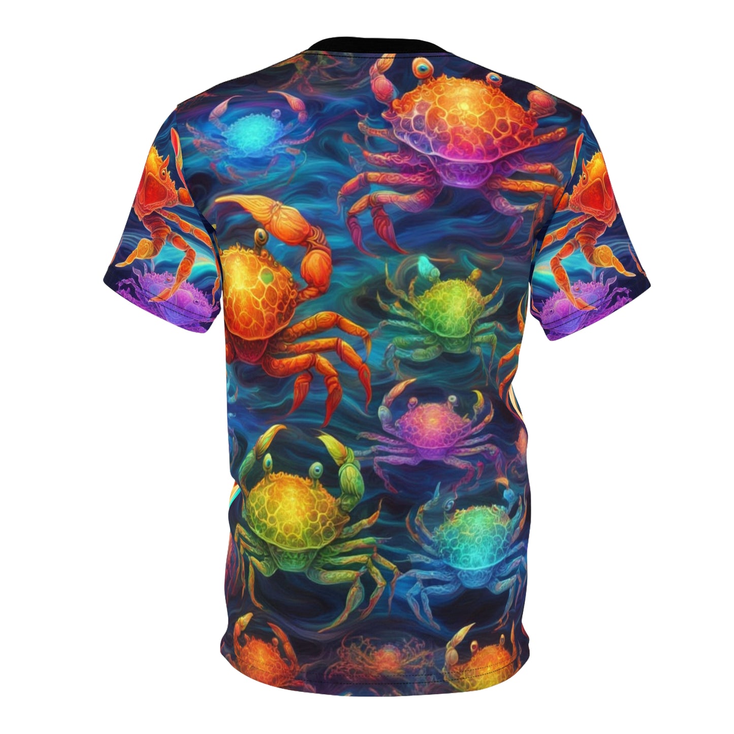 Vibrant Crab Graphic Tee, Unisex AOP Shirt, Beachwear, Gift for Sea Lovers, Summer Top, Artistic Apparel