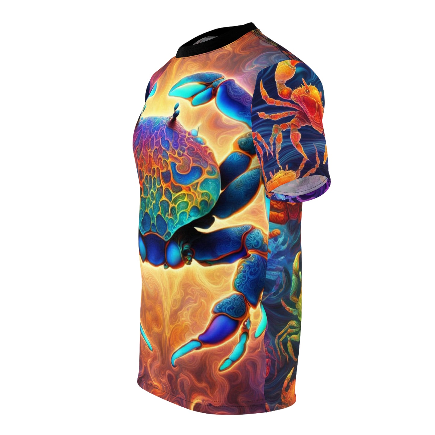 Vibrant Crab Graphic Tee, Unisex AOP Shirt, Beachwear, Gift for Sea Lovers, Summer Top, Artistic Apparel