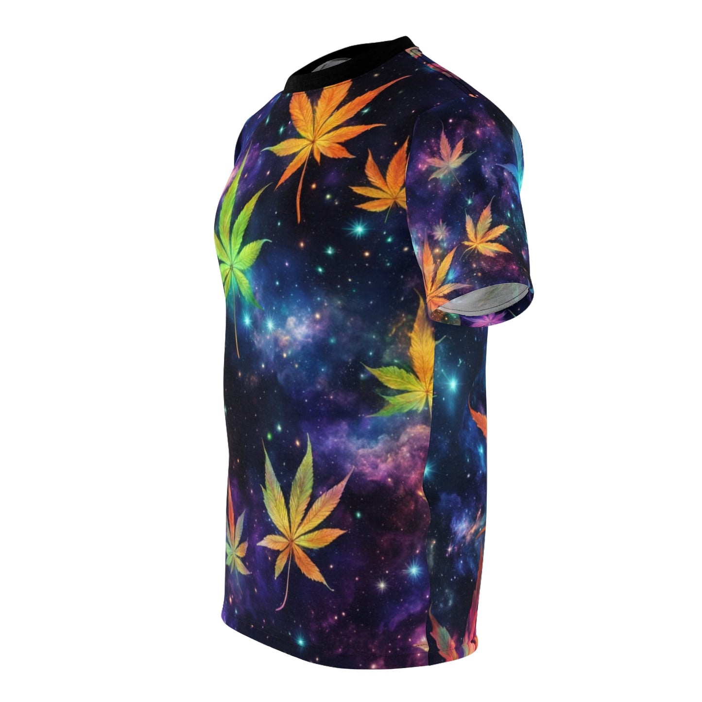 Cosmic Leaf Print Tee - Vibrant AOP T-Shirt, Unisex Fashion, Perfect for Festivals, Summer Outfits, Casual Wear, Graphic Tee