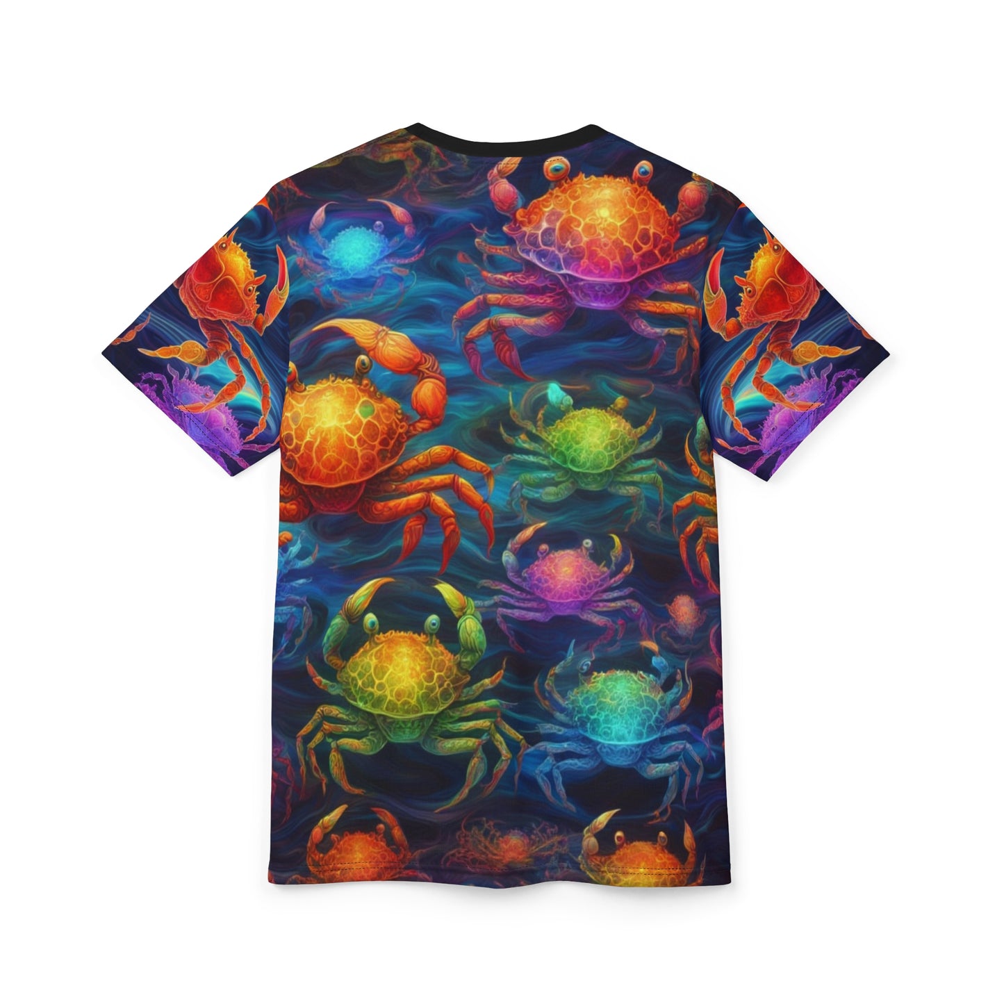 Vibrant Crab Graphic Tee, Unisex AOP Shirt, Beachwear, Gift for Sea Lovers, Summer Top, Artistic Apparel
