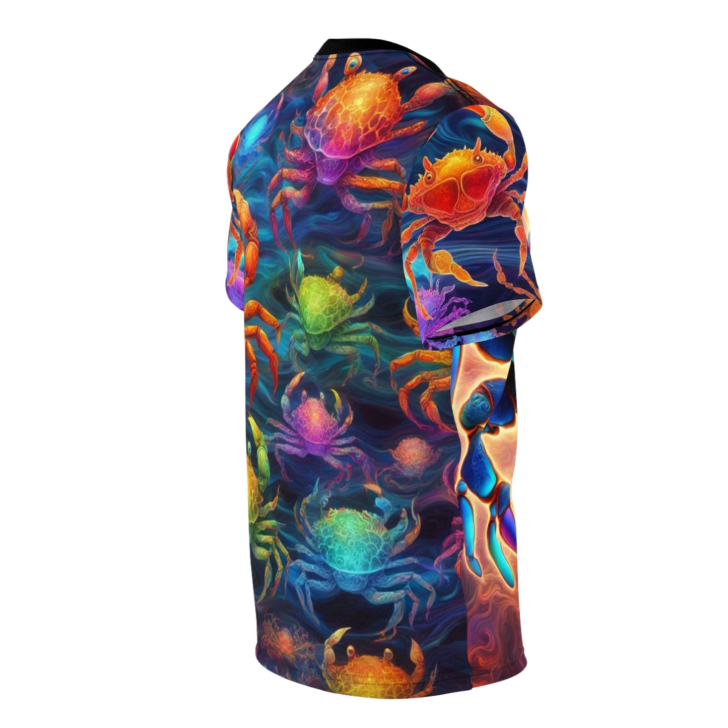 Vibrant Crab Graphic Tee, Unisex AOP Shirt, Beachwear, Gift for Sea Lovers, Summer Top, Artistic Apparel