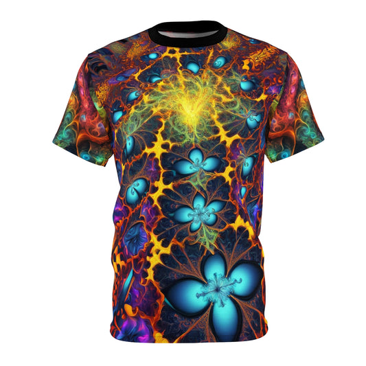 Vibrant Floral Unisex Tee, Psychedelic Art Shirt, Summer Casual Wear, Unique Gift for Art Lovers, Festival Clothing, Colorful AOP T-Shirt