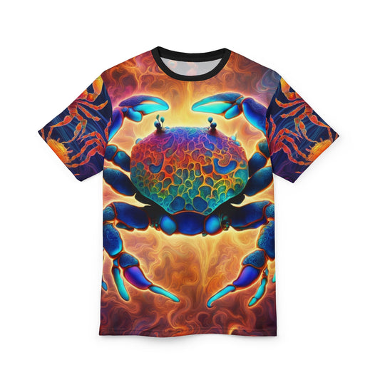 Vibrant Crab Graphic Tee, Unisex AOP Shirt, Beachwear, Gift for Sea Lovers, Summer Top, Artistic Apparel