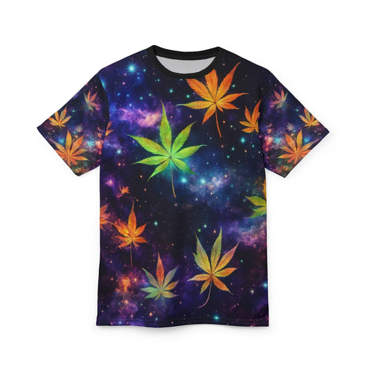 Cosmic Leaf Print Tee - Vibrant AOP T-Shirt, Unisex Fashion, Perfect for Festivals, Summer Outfits, Casual Wear, Graphic Tee