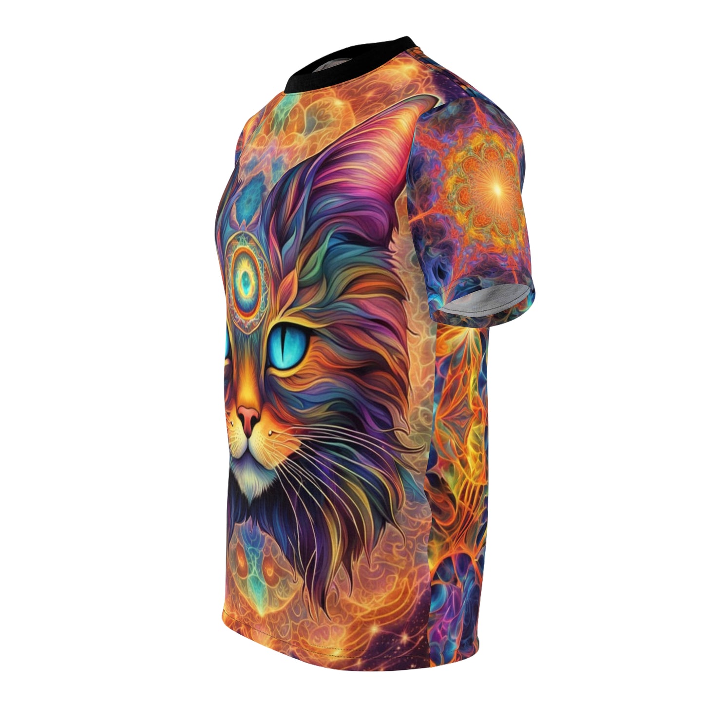Psychedelic Cat Tee, Unisex AOP T-Shirt, Colorful Feline Graphic Shirt, Cat Lover Gift, Unique Fashion Apparel