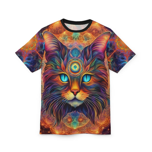 Psychedelic Cat Tee, Unisex AOP T-Shirt, Colorful Feline Graphic Shirt, Cat Lover Gift, Unique Fashion Apparel