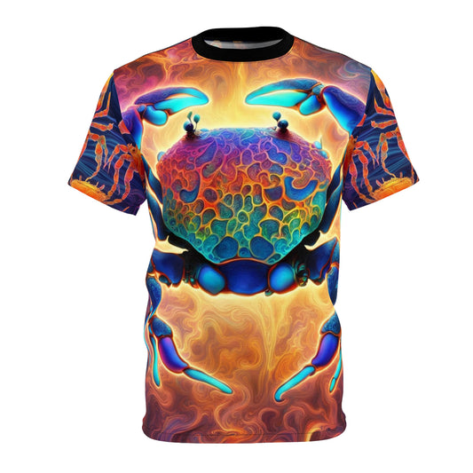 Vibrant Crab Graphic Tee, Unisex AOP Shirt, Beachwear, Gift for Sea Lovers, Summer Top, Artistic Apparel