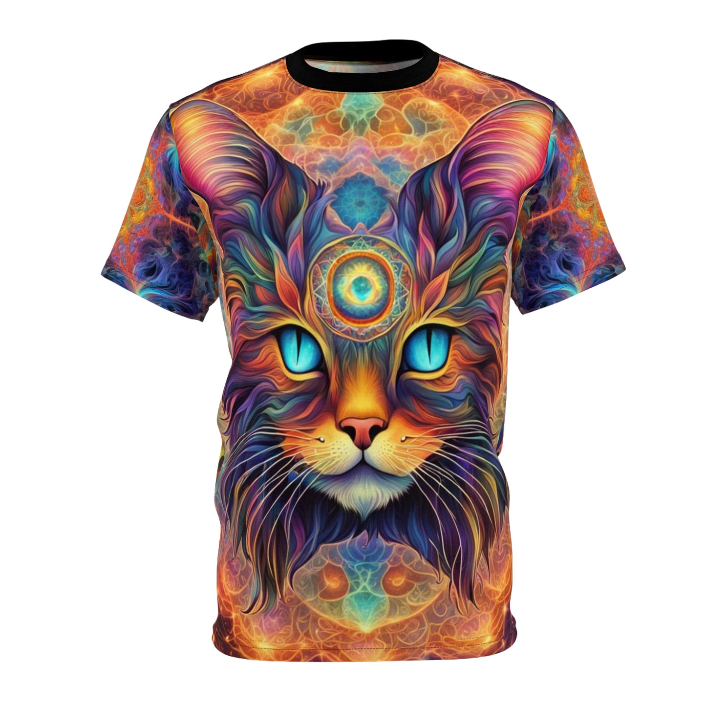 Psychedelic Cat Tee, Unisex AOP T-Shirt, Colorful Feline Graphic Shirt, Cat Lover Gift, Unique Fashion Apparel