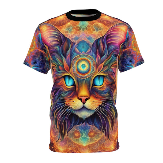 Psychedelic Cat Tee, Unisex AOP T-Shirt, Colorful Feline Graphic Shirt, Cat Lover Gift, Unique Fashion Apparel