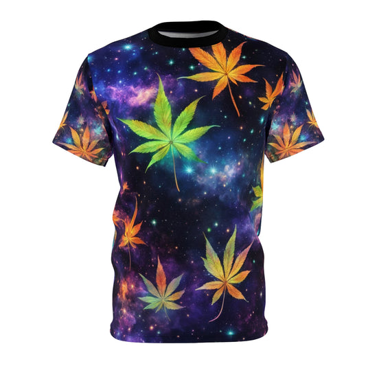 Cosmic Leaf Print Tee - Vibrant AOP T-Shirt, Unisex Fashion, Perfect for Festivals, Summer Outfits, Casual Wear, Graphic Tee